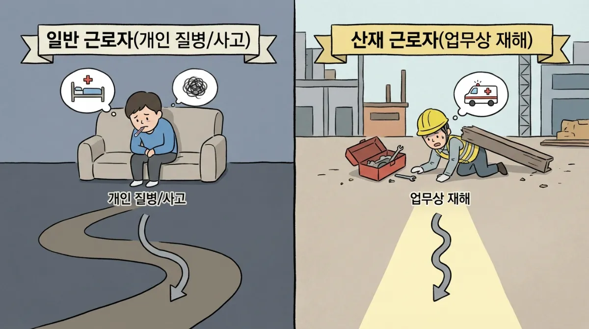 2026년 근로복지공단 장례비 융자 신청 가이드: 소득 535만원 기준 및 서류 3 일반 근로자(개인 질병 및 사고)와 산재 근로자(업무상 재해)의 차이와 지원 경로를 설명하는 분할 화면 일러스트