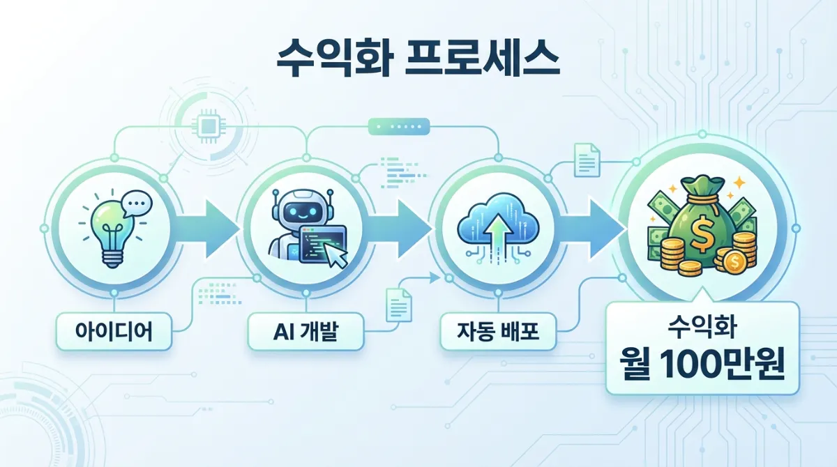 커서(Cursor) AI를 활용한 바이브 코딩 수익화 과정 인포그래픽 - 아이디어, AI 개발, 자동 배포, 월 100만원 수익 창출 단계 순서도
