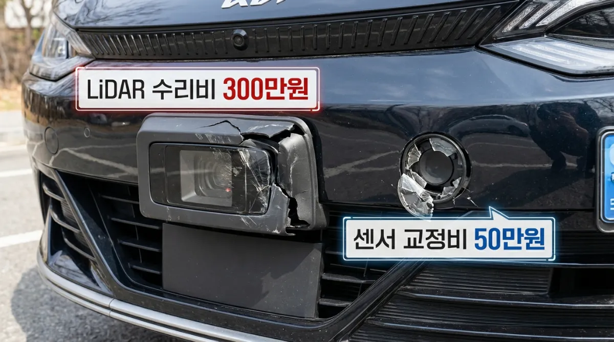 파손된 라이다 및 레이더 센서가 보이는 최신 자동차 앞 범퍼 클로즈업, LiDAR 수리비 300만원 및 센서 교정비 50만원 텍스트 포함 - 2026년 첨단 운전자 보조 시스템(ADAS) 부품 수리 비용 및 자동차 보험 분석