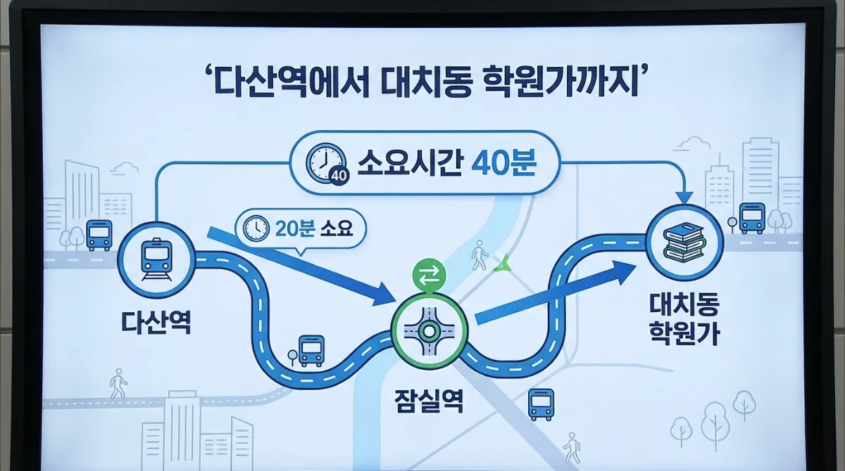 다산역 8호선 지하철 노선도 인포그래픽: 잠실역 20분, 대치동 학원가 소요시간 40분 이동 경로 안내
