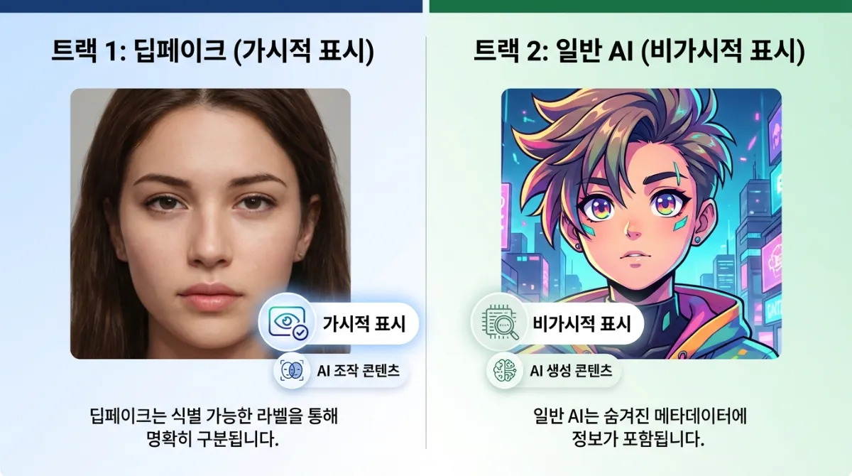 트랙 1 딥페이크 가시적 표시 의무와 트랙 2 일반 AI 콘텐츠 비가시적 메타데이터 식별 방식을 비교한 인포그래픽. 왼쪽은 라벨 아이콘이 있는 사실적인 얼굴, 오른쪽은 숨겨진 메타데이터 아이콘이 있는 애니메이션 일러스트로 AI 규제 차이점을 설명함.