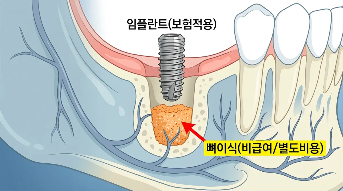 임플란트 식립과 뼈이식 수술 과정을 설명하는 의료 일러스트. 턱뼈에 삽입된 임플란트와 추가된 뼈이식재가 강조되어 있으며, '임플란트(보험적용)' 및 '뼈이식(비급여/별도비용)' 텍스트 라벨을 통해 보험 적용 범위와 별도 비용 발생을 안내합니다.