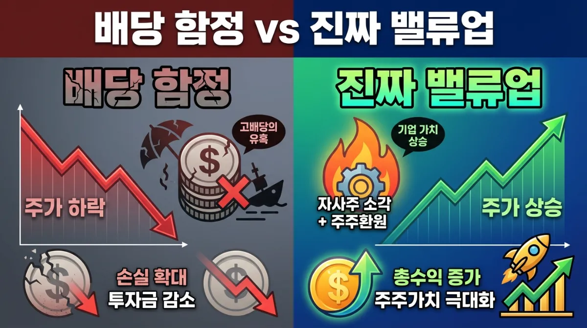 TSR 계산, 2026년 3월 사업보고서로 완벽 분석 (밸류업 투자 가이드) 2 배당수익률(Dividend Yield)과 총주주수익률(TSR)을 비교한 인포그래픽: 배당 함정(Dividend Trap)과 자사주 매입을 통한 진짜 밸류업의 차이를 시각화한 이미지