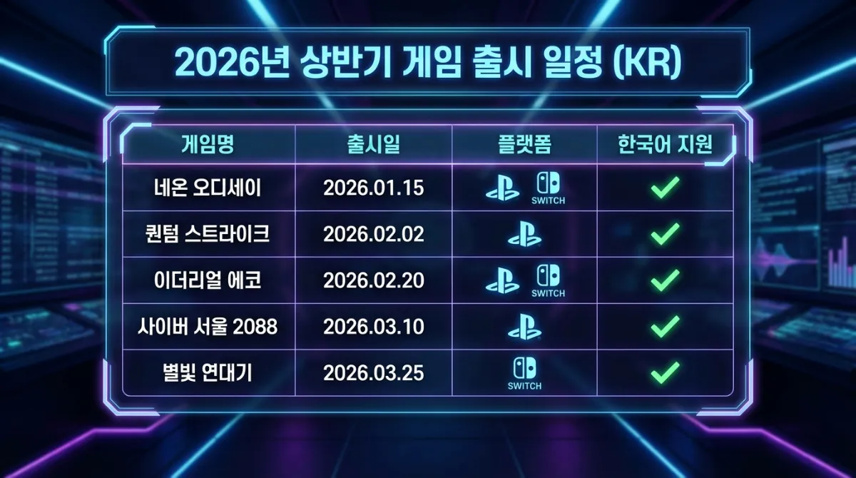 2026년 상반기 신작 게임 출시일 일정표 인포그래픽. PS5, 닌텐도 스위치 플랫폼 아이콘 및 한글화 지원 여부가 표시된 미래지향적인 네온 스타일의 하이테크 게임 캘린더.