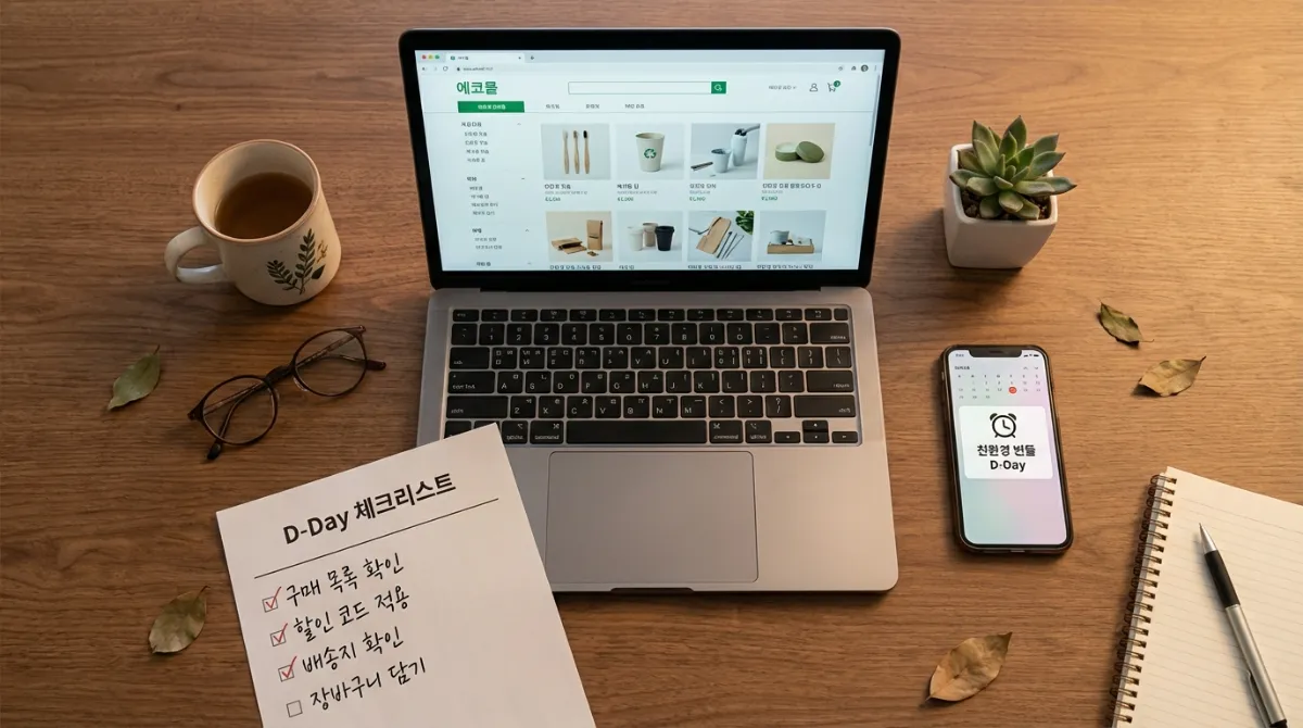 에코 이몰 웹사이트가 띄워진 노트북, 에코 번들 D-Day 알림이 설정된 스마트폰, 그리고 D-Day 체크리스트가 놓인 따뜻한 조명의 책상 평면 사진