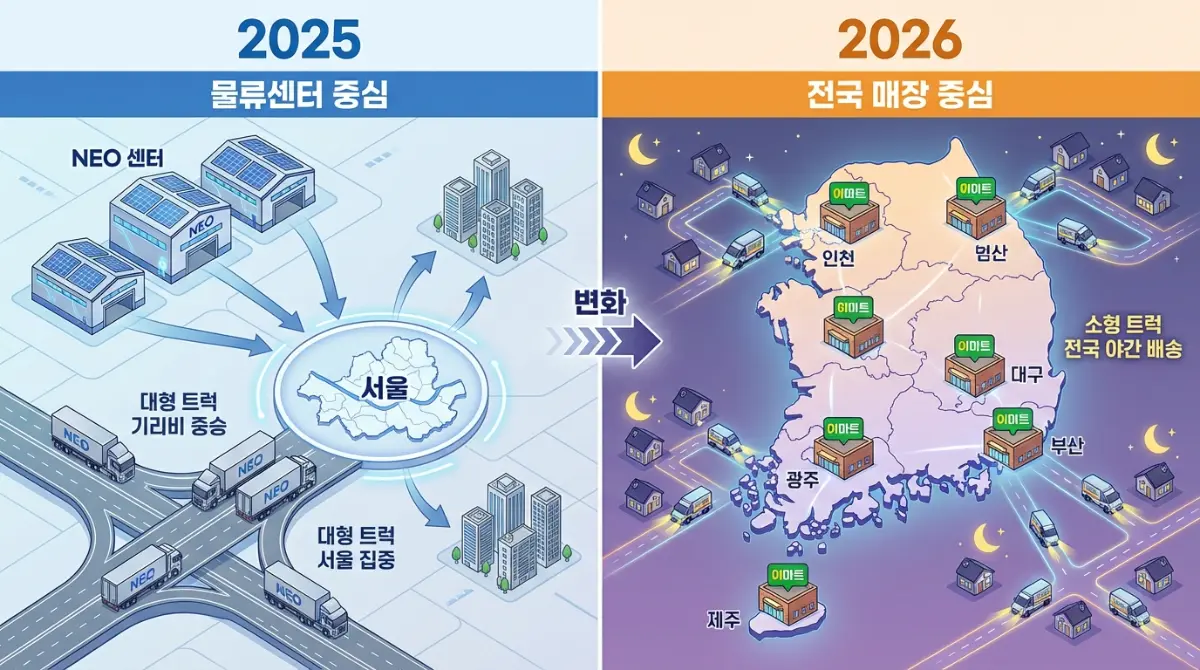 2025년 물류센터(NEO) 중심 서울 배송과 2026년 전국 이마트 매장 중심 야간 배송 시스템 비교 인포그래픽