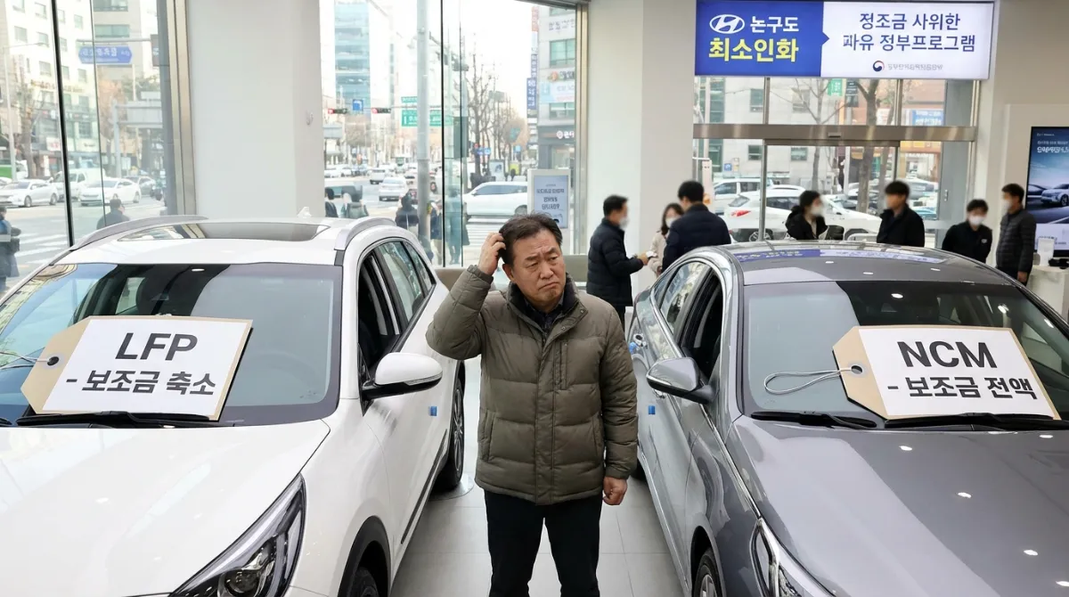 한국 자동차 대리점에서 LFP 배터리 보조금 삭감과 NCM 배터리 전액 지원 가격표를 비교하며 고민하는 전기차 구매자의 모습