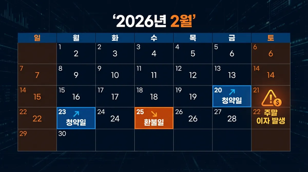 2026년 2월 공모주 청약 및 환불 일정 캘린더 인포그래픽. 2월 20일(금)과 23일(월)은 청약일, 25일(수)은 환불일로 강조되어 있으며, 주말 이자 발생 구간인 토요일과 일요일에는 주의 아이콘이 표시됨.