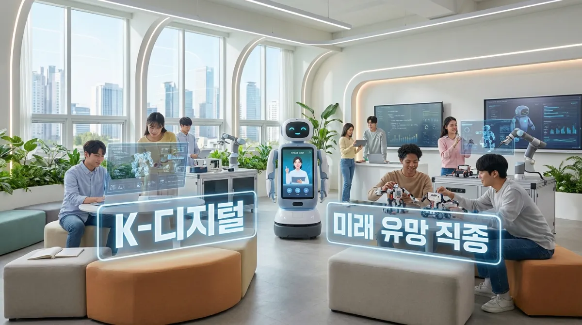 2026 국민내일배움카드: 자격증 지원금 500만원 및 자비부담금 완벽 가이드 4 K-디지털 트레이닝을 통해 AI와 로봇 기술을 배우는 미래형 강의실의 밝고 희망찬 모습. '미래 유망 직종' 교육 과정을 보여주는 혁신적인 이미지.