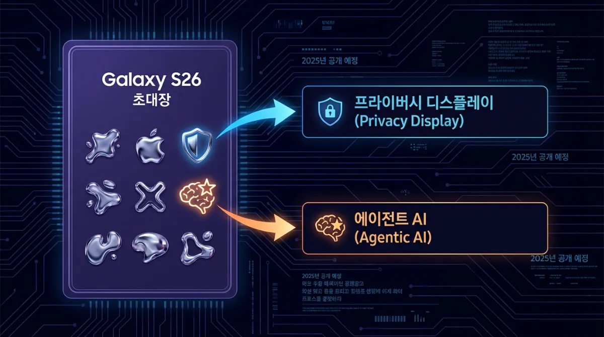 유출된 갤럭시 S26 초대장을 분석한 인포그래픽으로, 보라색 카드 위 액체 금속 아이콘 중 방패 모양은 프라이버시 디스플레이, 뇌 모양의 별은 에이전트 AI 기능을 나타냄