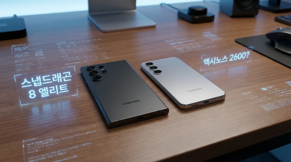 2026 갤럭시 S26 SKT 사전예약: 단통법 폐지 후 첫 성지 가격 및 혜택 총정리 3 나무 책상 위에 놓인 각진 모서리의 갤럭시 S26 울트라와 둥근 모서리의 갤럭시 S26 디자인 비교 모습. 울트라 모델 옆에는 스냅드래곤 8 엘리트, S26 모델 옆에는 엑시노스 2600 홀로그램 텍스트가 표시된 하이테크 분위기의 이미지