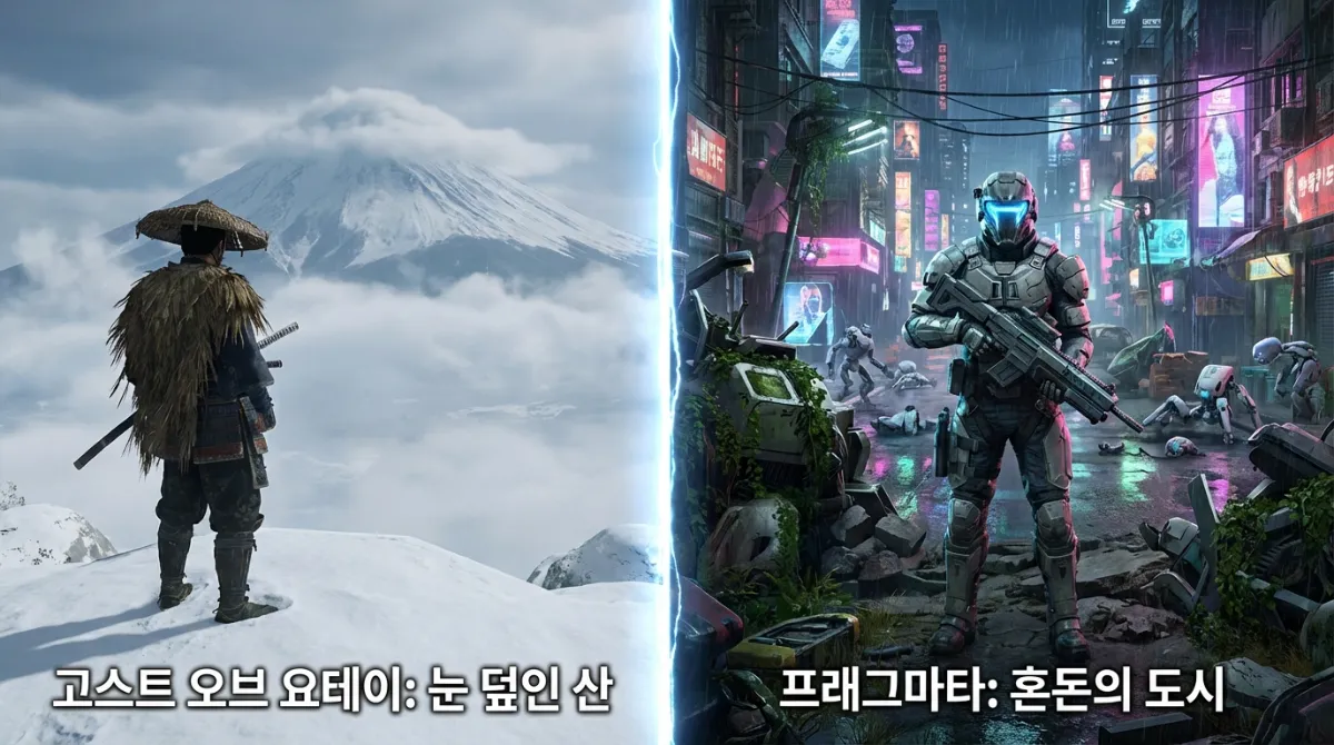 고스트 오브 요테이(Ghost of Yotei)의 설산 배경 사무라이와 프래그마타(Pragmata)의 혼돈 도시 속 미래 병사를 비교한 4K 리얼리스틱 게임 그래픽 분할 화면