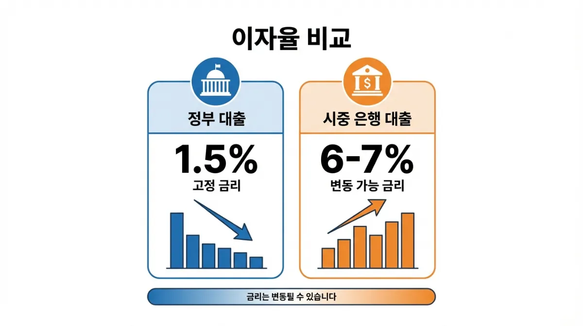 2026년 근로복지공단 장례비 융자 신청 가이드: 소득 535만원 기준 및 서류 2 정부지원 대출 1.5% 고정금리와 시중은행 6-7% 금리 차이를 보여주는 비교 인포그래픽 차트