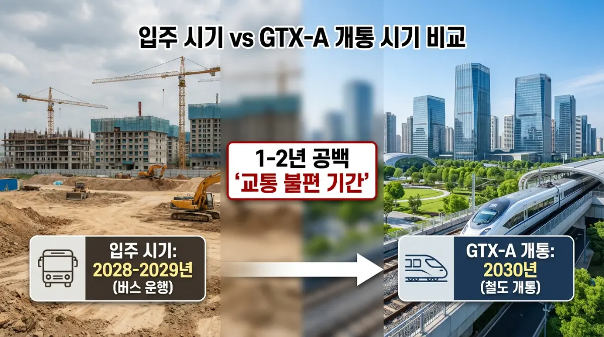 2030년 GTX-A 개통 시기와 2028-2029년 입주 시기 비교 차트, 버스와 기차 아이콘으로 표현된 1-2년 간의 교통 불편 기간 시각화
