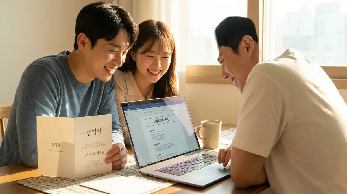 2026년 근로복지공단 혼례비 대출: 연 1.5% 금리, 월 소득 268만원 이하라면 필수 신청! 3 따뜻하고 밝은 조명 아래 노트북으로 결혼 준비 서류를 검토하며 행복해하는 한국인 커플과 테이블 위의 청첩장