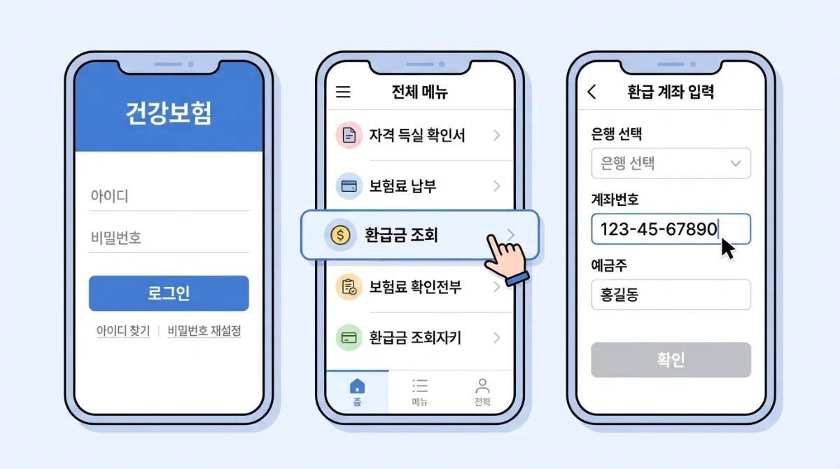 건강보험 앱 환급금 신청 절차 스크린샷 3종 - 로그인, 환급금 조회 메뉴 선택, 은행 계좌번호 입력 화면