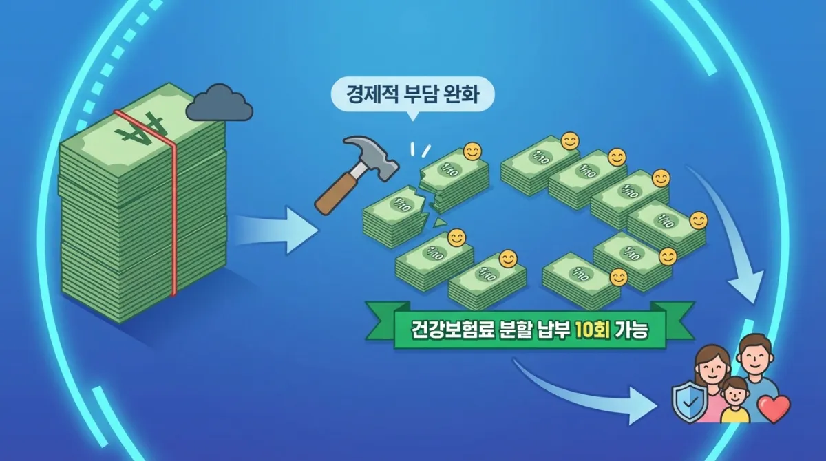 2026년 출산 보험료 납입 유예 신청 방법: 복직 후 폭탄 피하는 꿀팁 포함 4 건강보험료 분할 납부 10회 가능 문구와 함께 청구서가 작게 나누어지는 모습, 재정적 부담 완화 및 분납 신청 개념 이미지