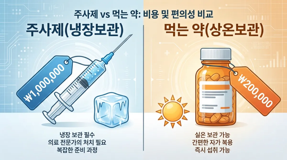 주사제(냉장보관) vs 먹는 약(상온보관) 비용 및 편의성 비교 인포그래픽. 왼쪽에는 1000달러 가격표와 냉장 보관을 의미하는 얼음 아이콘이 있는 주사기, 오른쪽에는 200달러 가격표와 상온 보관을 의미하는 해 아이콘이 있는 알약 병이 배치되어 있어 의료 비용과 보관 용이성을 대조적으로 보여줌.