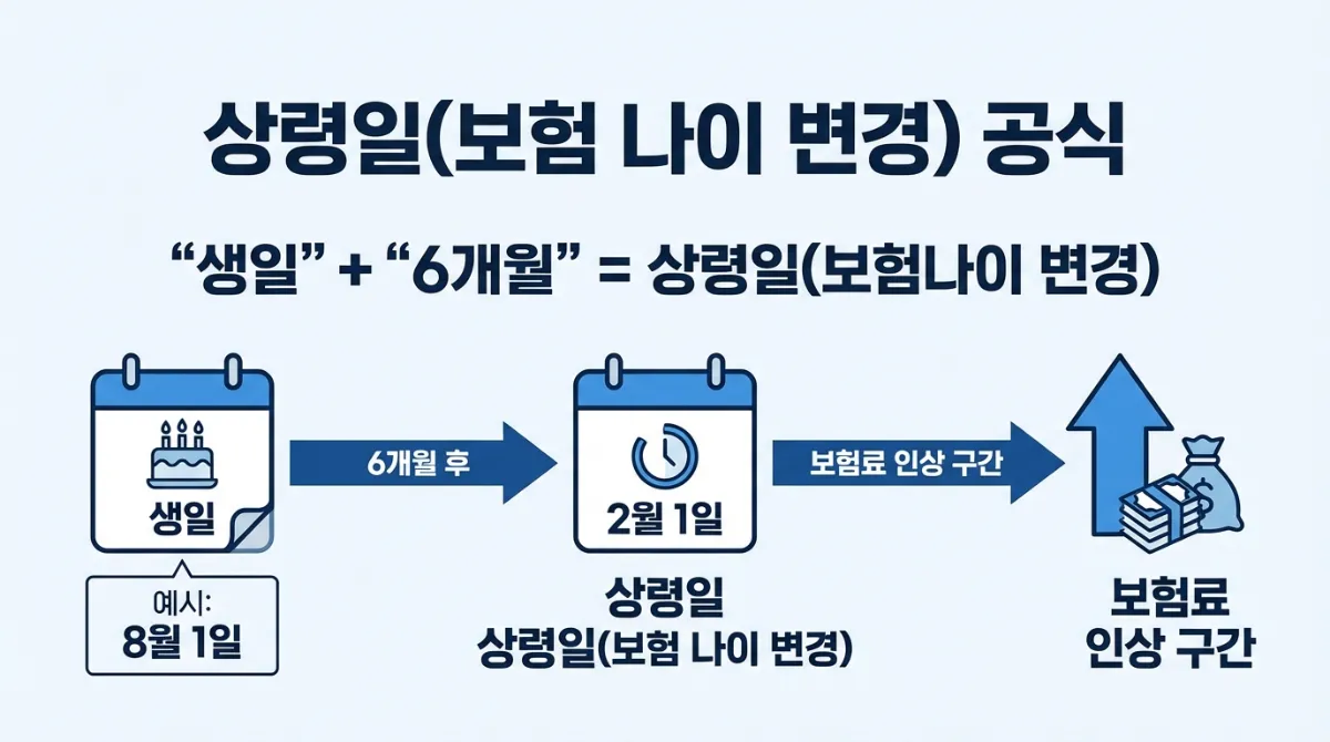 보험 상령일 계산 공식과 보험료 인상 구간을 설명하는 인포그래픽. 생일로부터 6개월 후 보험 나이가 변경되는 시점을 달력 타임라인으로 시각화했습니다.