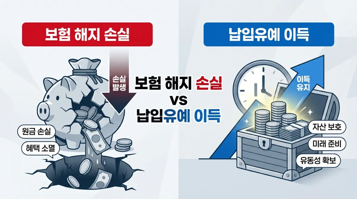 2026년 보험료 납입유예 신청: 국민연금 vs 개인보험 조건 및 기간 총정리 2 보험 해지 손실 vs 납입유예 이득 비교 차트. 보험을 해지할 때 발생하는 금전적 손실과 납입유예 제도를 활용하여 돈을 절약하고 혜택을 유지하는 차이를 시각적으로 설명한 이미지.