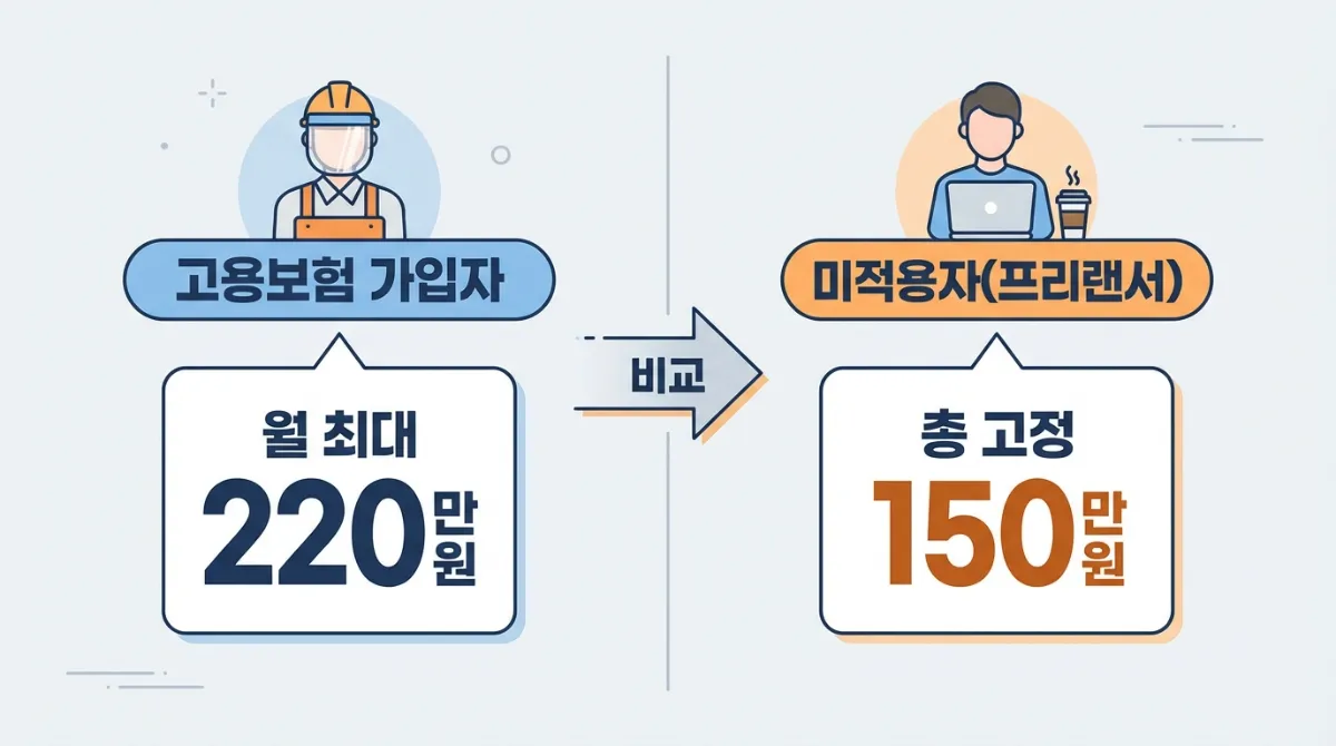 고용보험 가입자(최대 월 220만 원)와 미적용자 프리랜서(총 150만 원)의 지원금 비교 인포그래픽 차트