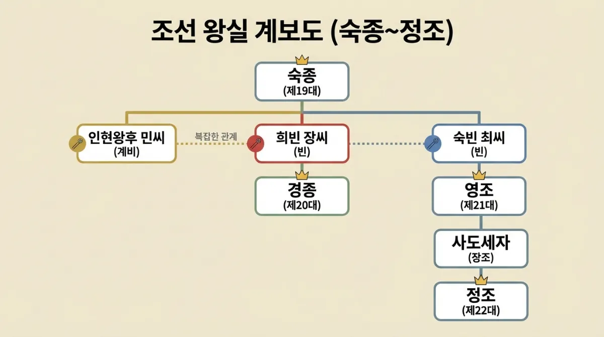 숙종, 영조, 정조로 이어지는 조선 왕실 가계도. 인현왕후, 희빈 장씨, 숙빈 최씨 등 복잡한 인물 관계를 상세히 보여주는 깔끔한 교육용 이미지