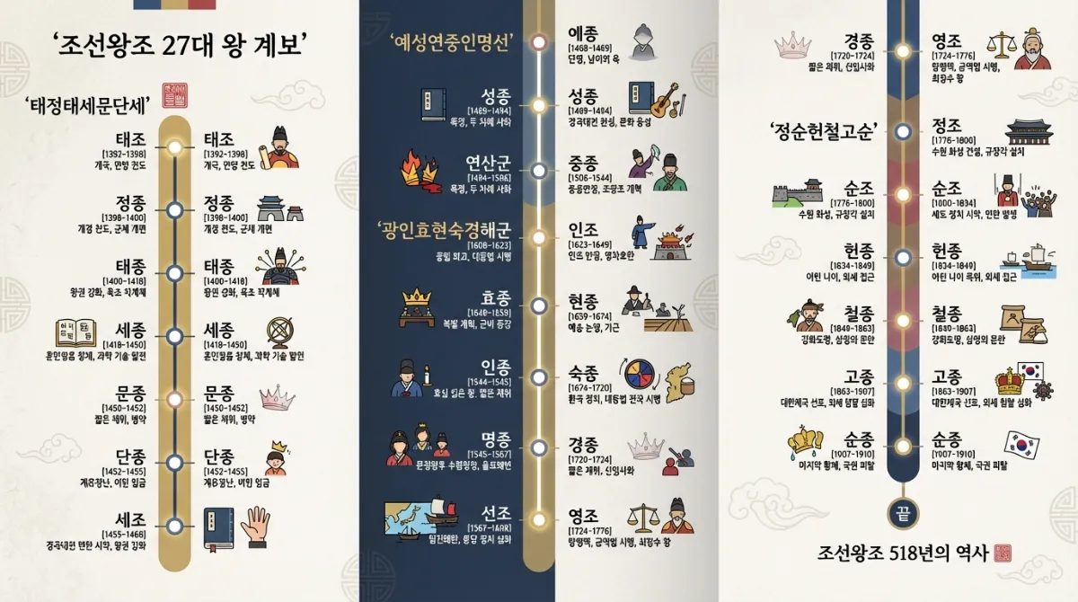 태조부터 순종까지 조선 왕조 27명의 명단을 담은 현대적인 세로형 타임라인 인포그래픽 태블릿 배경화면. 태정태세문단세 순서의 한글 텍스트 포함.
