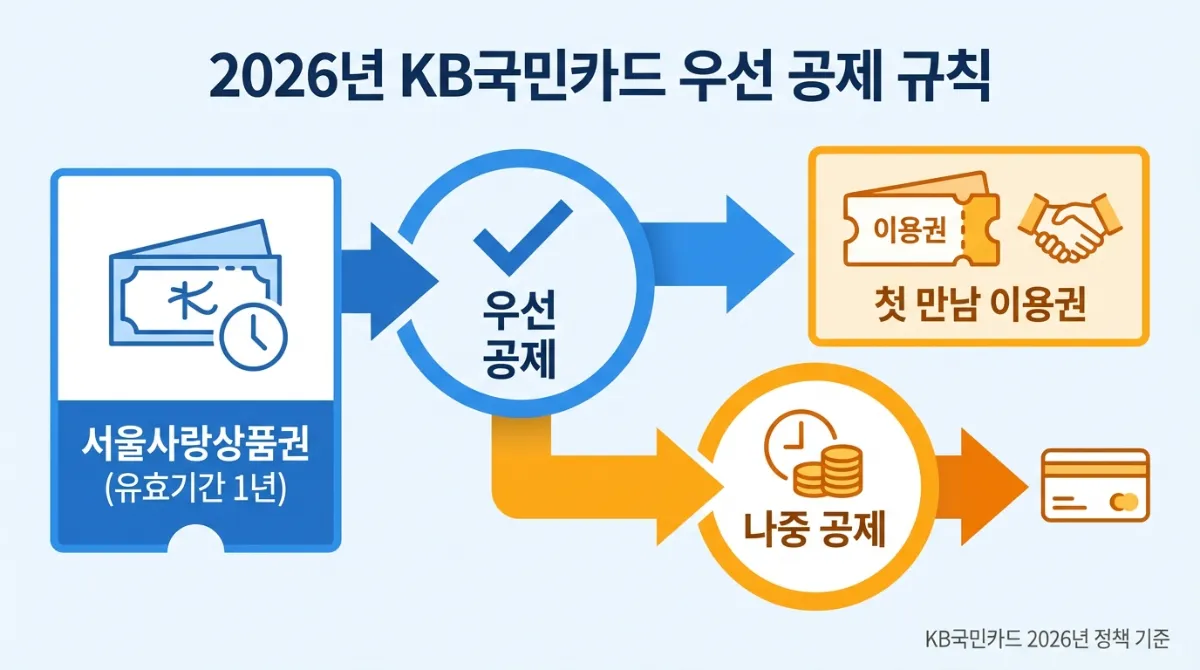 2026년 KB국민카드 바우처 차감 우선순위 규칙을 설명하는 차트. 유효기간 1년인 서울형 바우처가 우선 차감되고, 첫만남이용권이 나중에 차감되는 순서를 보여주는 이미지.