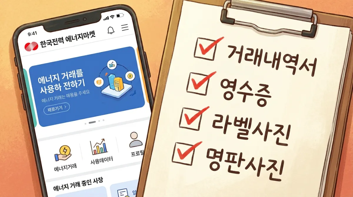 한전 에너지마켓플레이스 모바일 앱 화면과 지원금 신청 필수 서류인 거래내역서, 영수증, 라벨사진, 명판사진이 포함된 체크리스트 일러스트