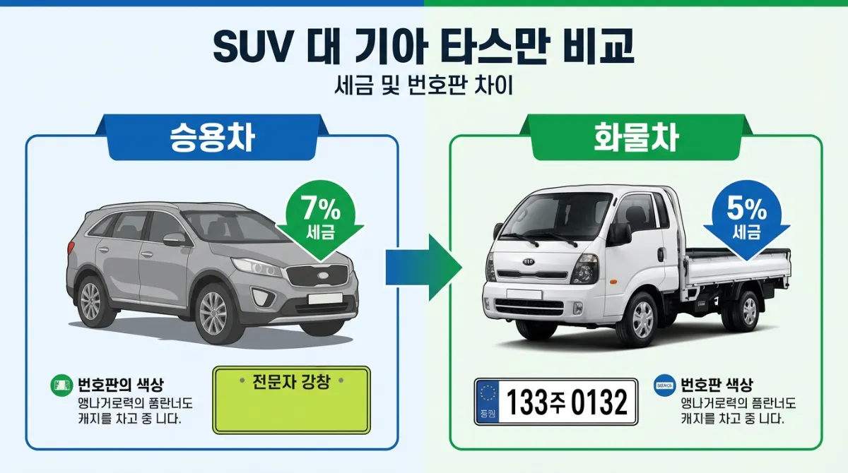 기아 타스만과 일반 SUV의 세금 및 번호판 차이 비교 인포그래픽. 좌측은 승용차로 분류되어 취등록세 7%와 법인 연두색 번호판이 적용된 SUV, 우측은 화물차로 분류되어 취등록세 5%와 흰색 번호판이 적용된 기아 타스만.