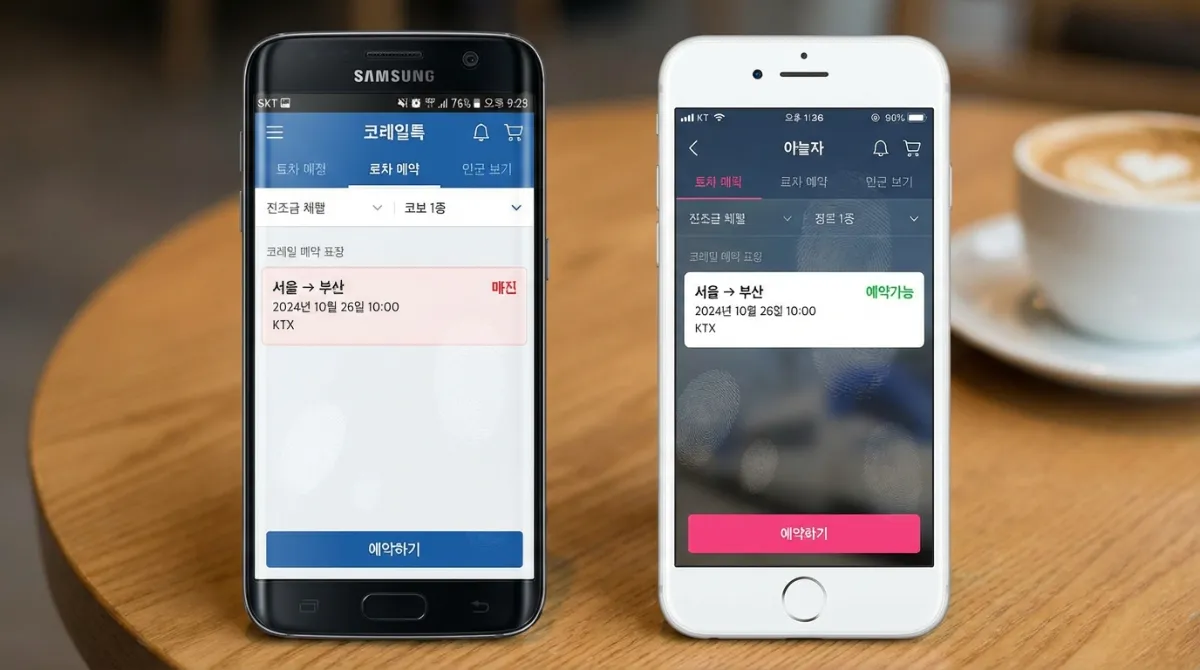 코레일톡 KTX 매진 시 야놀자 앱 예매 가능 비교 화면. 왼쪽은 코레일톡 매진 표시, 오른쪽은 야놀자 앱 예약 가능 상태.