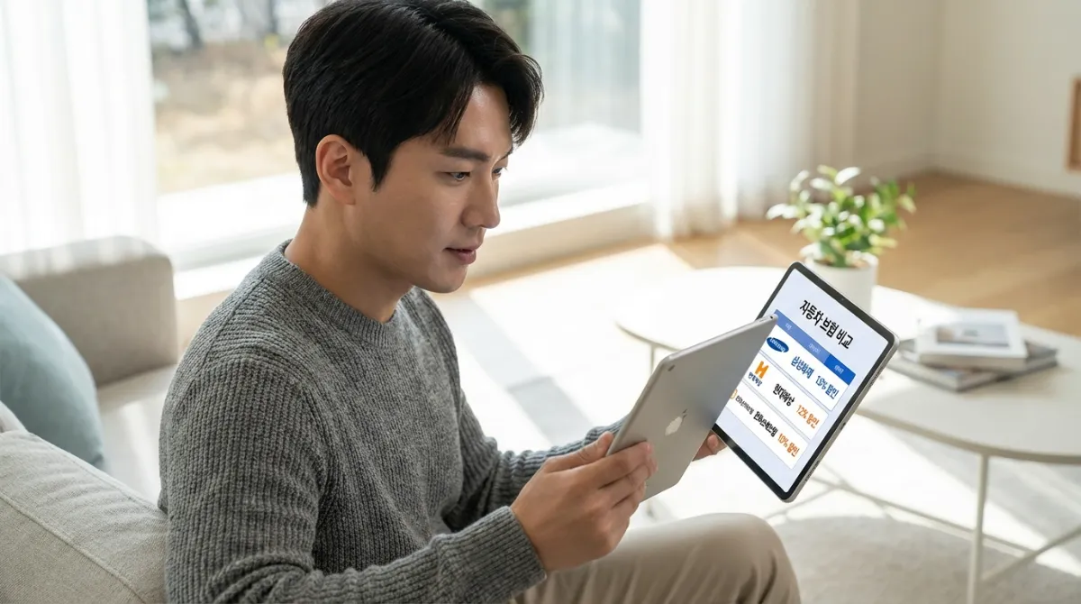 2026년 자동차보험료 비교! 삼성 vs 현대 vs 한화 인상률 및 할인 필승 공략 3 삼성화재 현대해상 한화손해보험 자동차보험 비교 차트와 할인율을 태블릿으로 확인하는 30대 남성의 모습