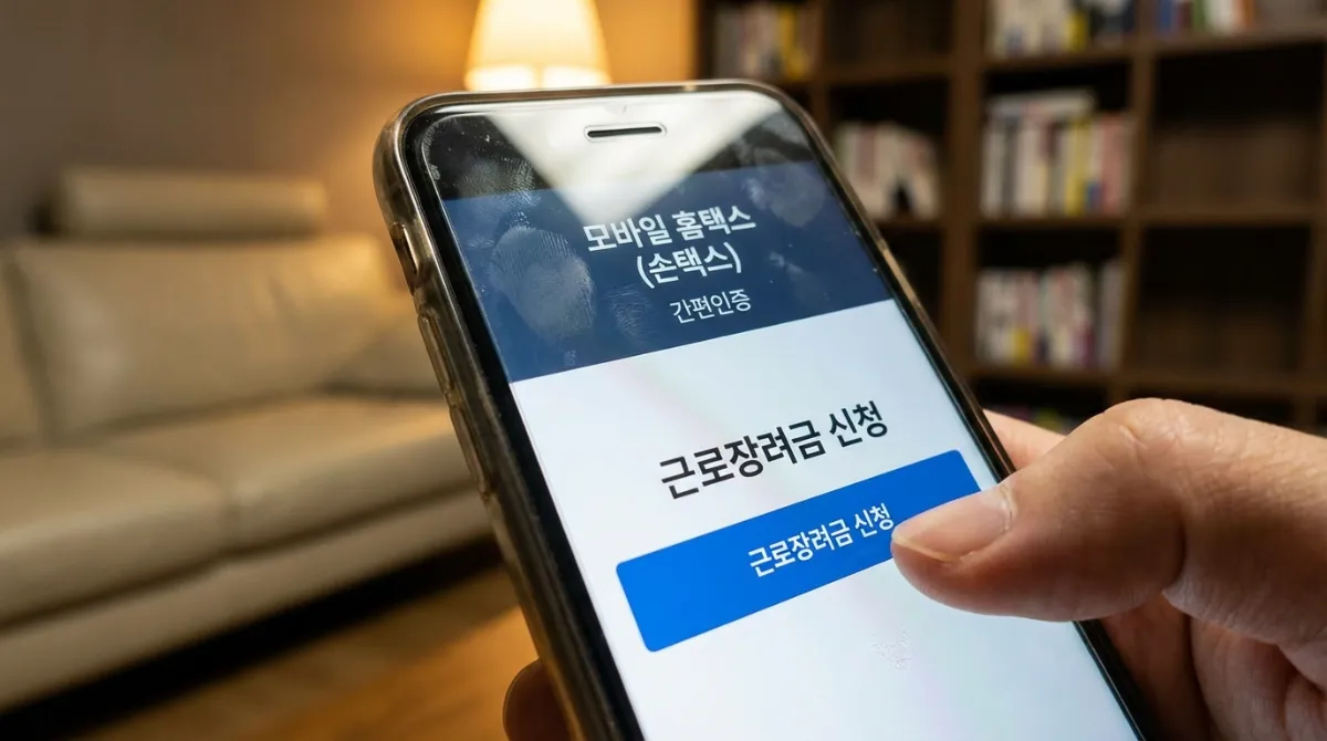 손택스(모바일 홈택스) 앱 화면에서 근로장려금 신청 버튼을 누르는 손가락과 간편인증 문구가 표시된 스마트폰 인터페이스