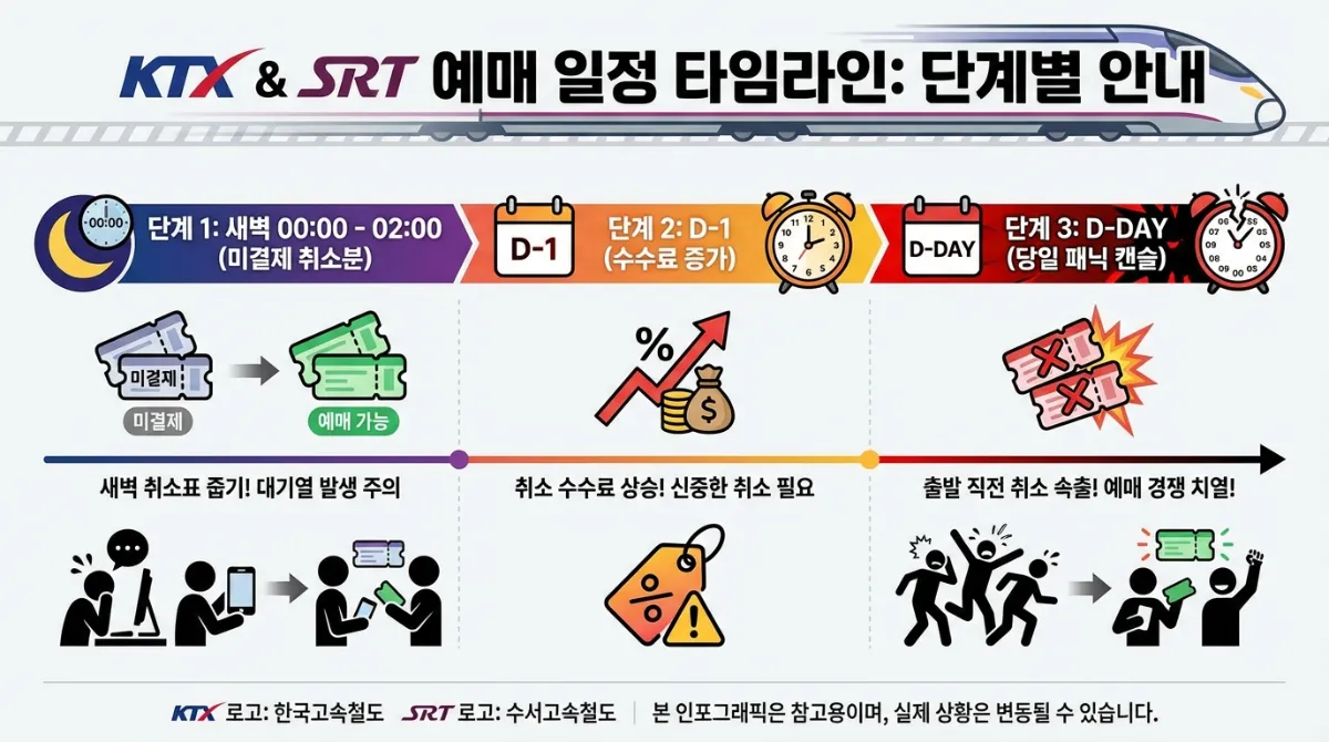 KTX 및 SRT 취소표가 풀리는 시간대별 타임라인 인포그래픽. 1단계 자정(00:00~02:00) 미결제 취소표, 2단계 D-1 수수료 인상 시점, 3단계 출발 당일 패닉 캔슬(Panic Cancel) 등 예매 대기 및 입석 전략 상세 설명.
