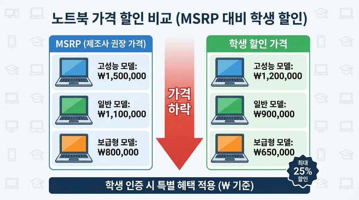 노트북 MSRP와 학생 할인 가격 비교 인포그래픽 - 원화(KRW) 기준 가격 인하 차트