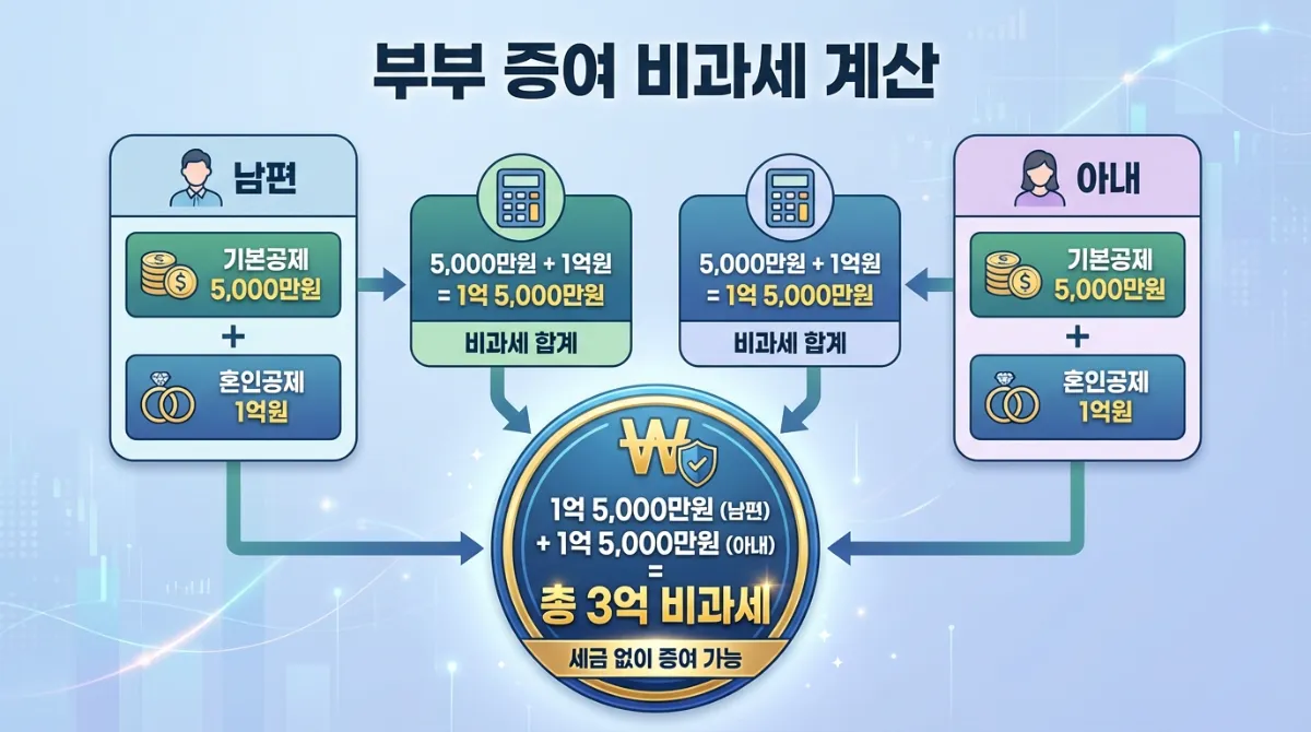 2026년 혼인 증여재산 공제: 3억 비과세 요건 및 신고 방법 (필독) 2 혼인재산공제 계산 인포그래픽: 남편(기본공제 5천만원 + 혼인공제 1억원)과 아내 합산 총 3억 비과세 결혼 자금 증여세 면제 적용 예시