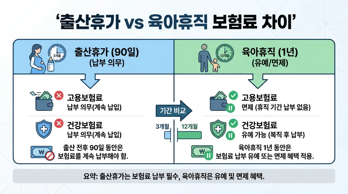2026년 출산 보험료 납입 유예 신청 방법: 복직 후 폭탄 피하는 꿀팁 포함 2 출산휴가 대 육아휴직 보험료 납부 차이 비교 인포그래픽. 90일 출산전후휴가 기간에는 4대보험 납부 의무가 지속되지만, 1년 육아휴직 기간에는 납부 유예 및 예외 신청이 가능함을 시각적으로 정리한 표 디자인.