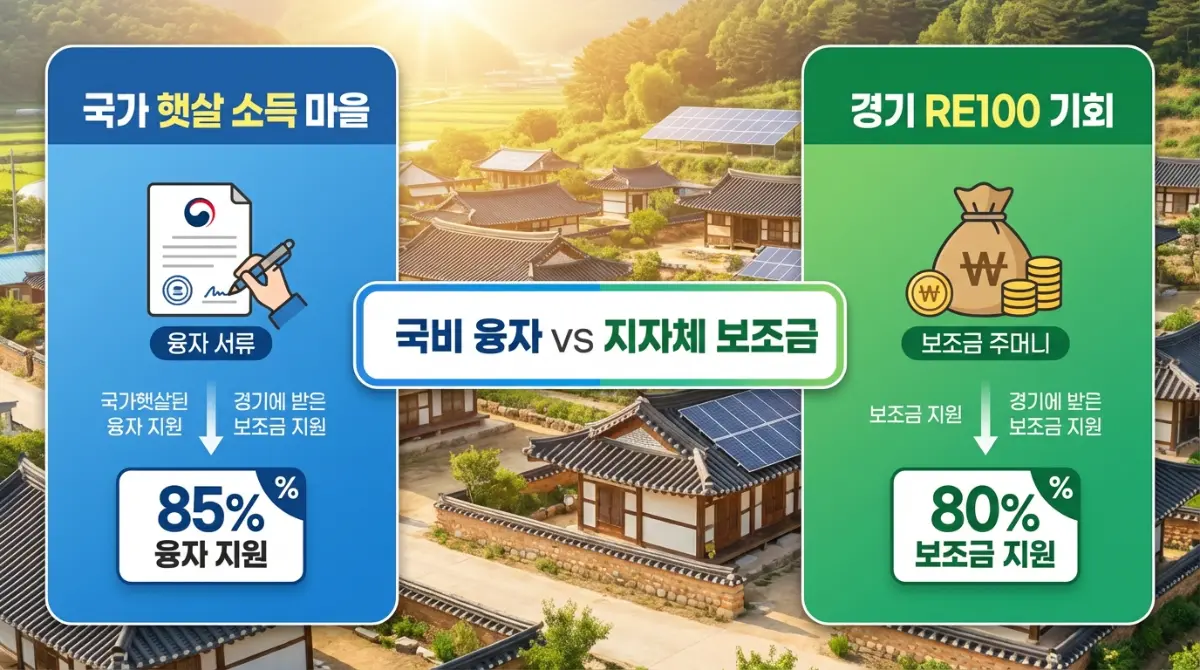 2026 햇빛소득마을 신청 자격 및 수익률: 월 200만원 연금의 진실 (경기 RE100 비교) 2 햇살소득마을 국비 융자 지원과 경기 RE100 기회소득 지자체 보조금 정책을 비교한 인포그래픽. 85% 융자와 80% 보조금 혜택의 차이를 보여주는 농촌 태양광 발전 사업 안내 이미지