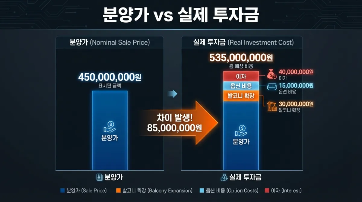 분양가 vs 실제 투자금 비교 인포그래픽. 명목상 분양가와 발코니 확장비, 옵션 비용, 대출 이자를 포함한 실제 총 투자 비용을 대조하여 보여주는 고대비 금융 막대 차트.