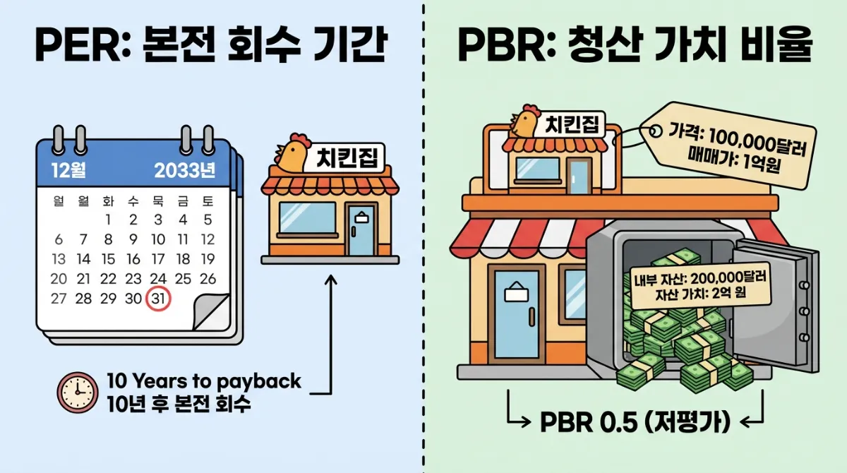 PER와 PBR 개념의 차이를 치킨집 비유로 설명하는 비교 일러스트: '본전 회수 기간' 10년을 보여주는 PER 달력과 '청산 가치 비율' 0.5를 나타내는 PBR 매장 및 금고 이미지