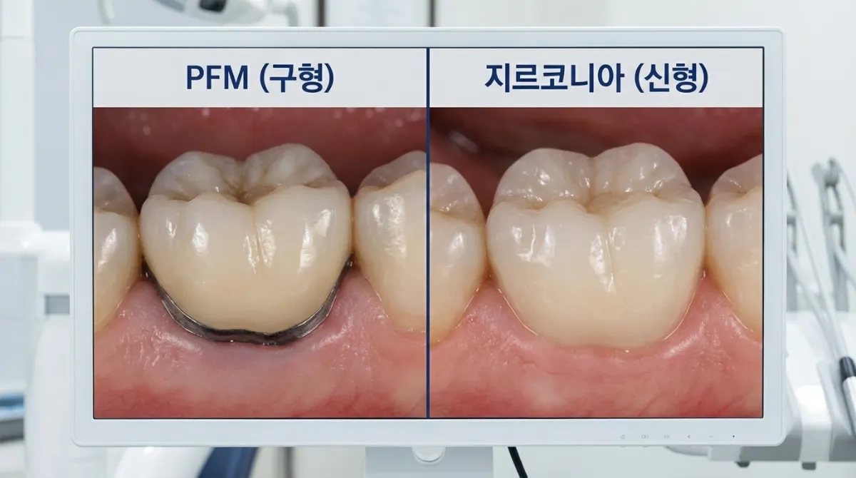 PFM 크라운과 지르코니아 크라운 비교 사진. 왼쪽은 잇몸 경계에 검은 금속 라인이 보이는 구형 PFM 보철물, 오른쪽은 심미적으로 자연스럽고 투명한 신형 지르코니아 크라운.