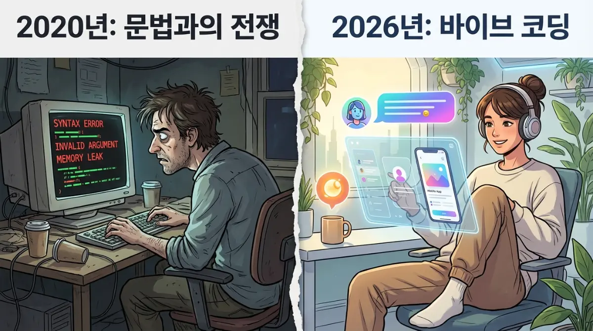 2020년 복잡한 코드로 스트레스받는 프로그래머와 2026년 AI와 대화하며 앱을 개발하는 바이브 코딩 창작자 비교 일러스트