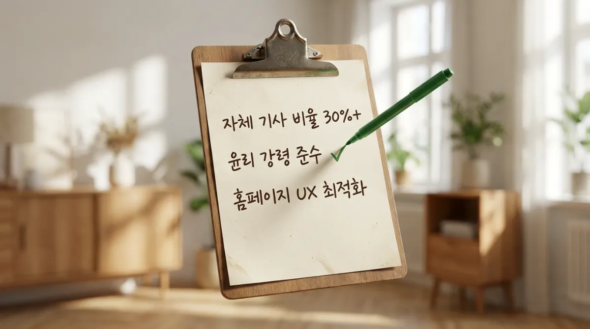 2026년 뉴스 검색 제휴 및 랭크매스 SEO 최적화를 위한 필수 체크리스트 클립보드 이미지. 자체 기사 비율 30% 이상, 윤리 강령 준수, 홈페이지 UX 최적화 항목에 녹색 체크 표시가 그려지는 모습.