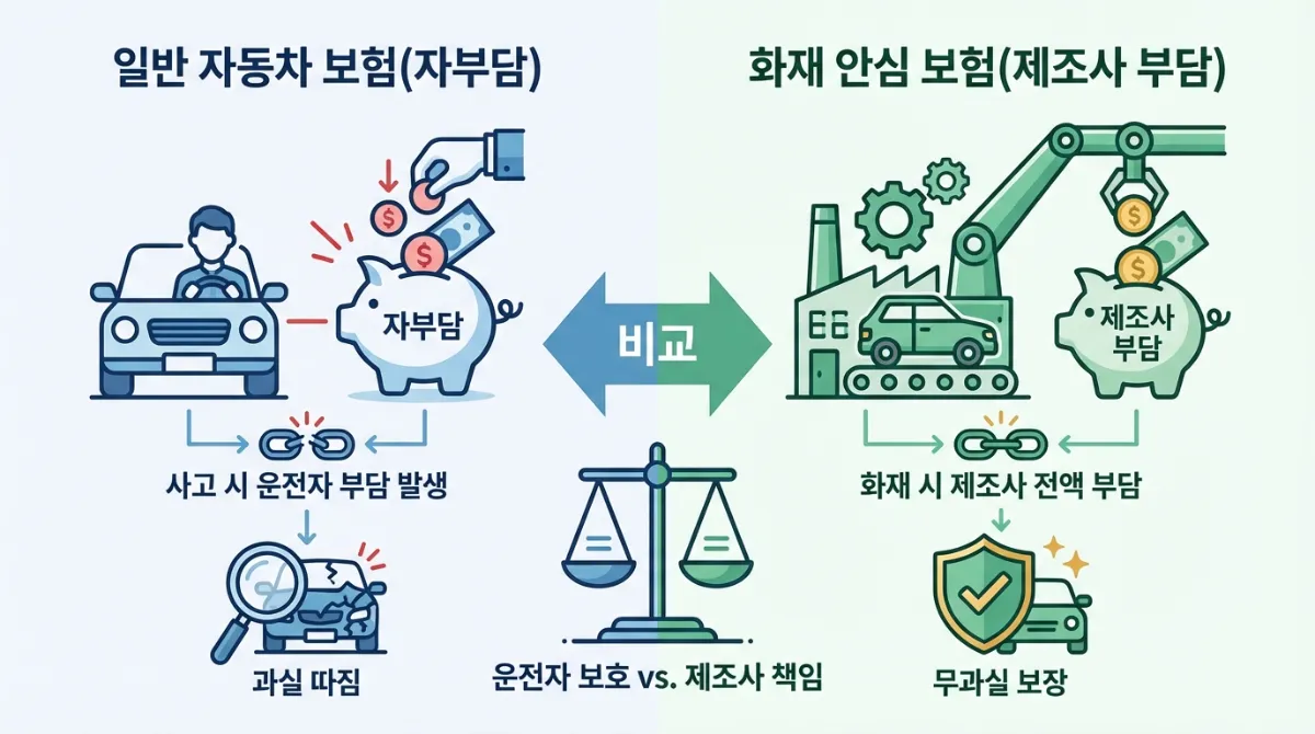 2026 전기차 보조금: 화재 안심 보험 확인법 & 최대 680만원 받는 전략 2 일반 자동차 보험(자부담)과 화재 안심 보험(제조사 부담) 비교 인포그래픽. 운전자와 자동차 공장이 비용을 지불하는 아이콘 및 무과실 보장 텍스트 포함.