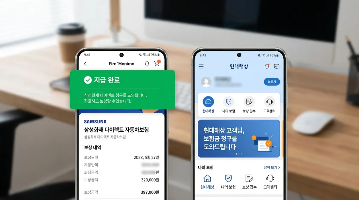 삼성화재 모니모 앱의 보험금 청구 승인 알림 화면과 현대해상 앱 인터페이스를 비교한 스마트폰 분할 화면 이미지