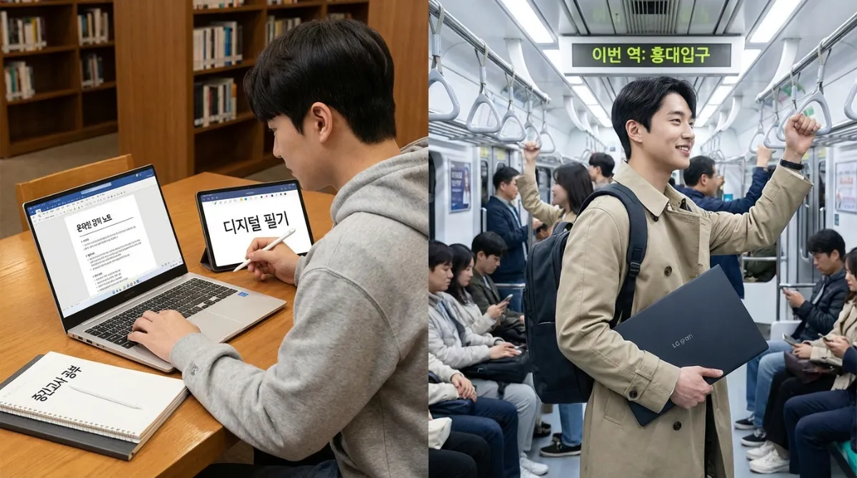 왼쪽에는 삼성 갤럭시북과 태블릿을 연동하여 사용하는 모습, 오른쪽에는 지하철에서 가벼운 LG 그램을 들고 이동하는 학생을 비교한 현실적인 일러스트