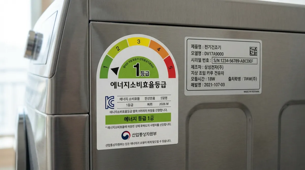 삼성 LG 건조기 에너지소비효율등급 1등급 라벨 및 시리얼 넘버 확인 명판 스티커 근접 사진