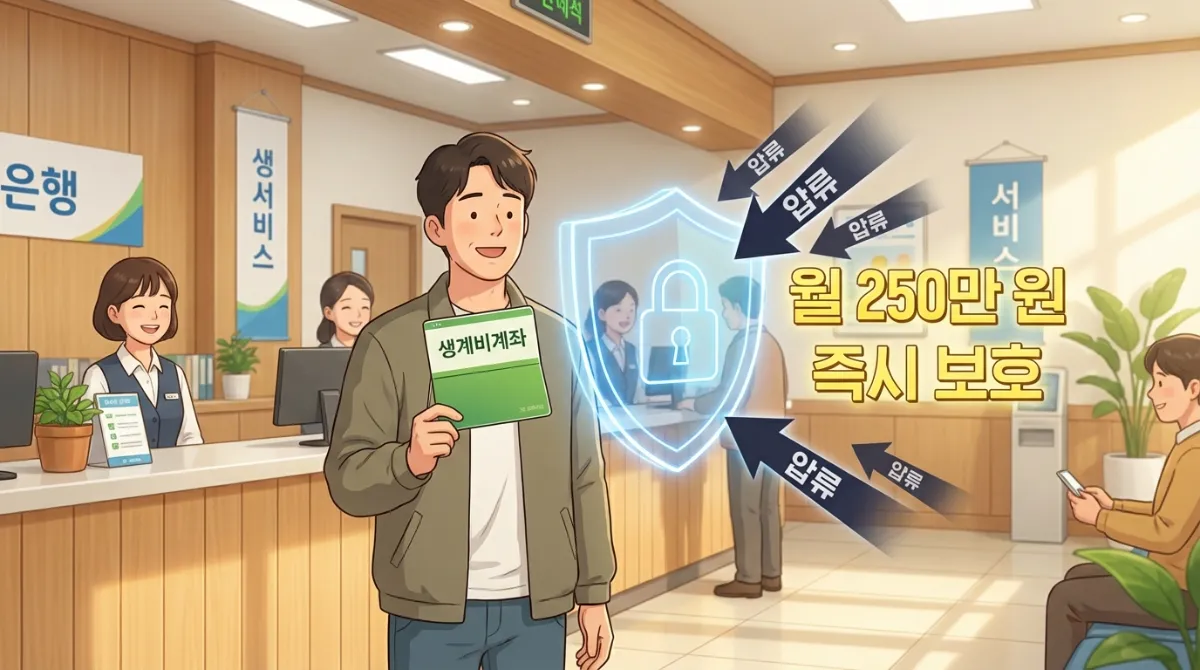 2026년 사망보험금 압류금지 1500만원 상향: 내 돈 지키는 법 (개정안 총정리) 3 은행 창구에서 압류 화살을 막아내는 방패와 생계비계좌 통장을 들고 있는 모습, 월 250만원 최저생계비 즉시 보호 및 압류 금지