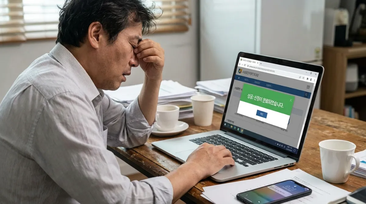 소상공인시장진흥공단(SEMAS) 웹사이트에서 정책자금 신청을 성공적으로 마치고 노트북 화면의 완료 팝업을 확인하는 소상공인