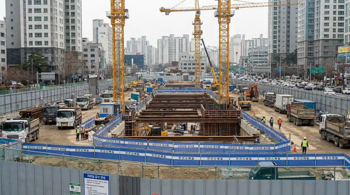 서울 신안산선 지하철 역 공사 현장, 가림막과 크레인 및 신안산선 공사중 표지판